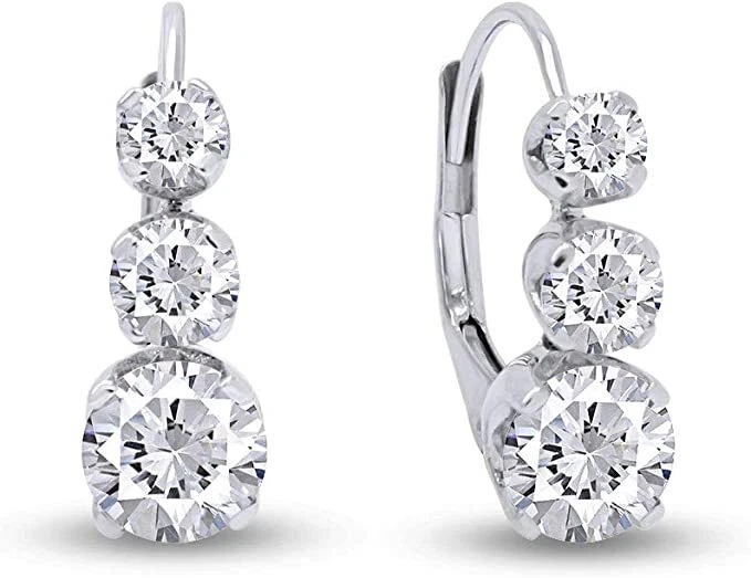 Pendientes de oro macizo de 14K I2-I3 de 3 piedras con palanca de diamantes redondos naturales de 1/2 quilate Foto 3 de 4