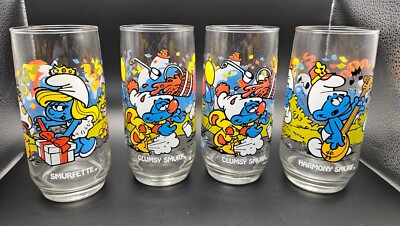 Vintage 1983 SMURF Glasses Set of 4 - Harmony, Smurfette, 2 Clumsy