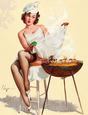 Pin Up Lady Barbecue Crazy Quilt Block Multi Szs (P32