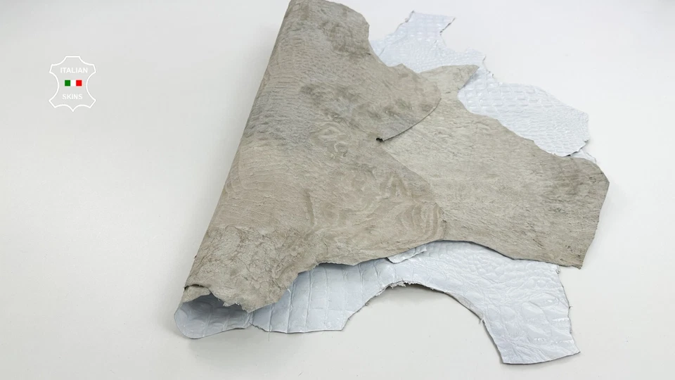 WHITE SHINY ALLIGATOR CROCODILE PRINT ON Lamb Leather 2 skins 10sqf 0.8mm #C4032 - Image 3 of 4