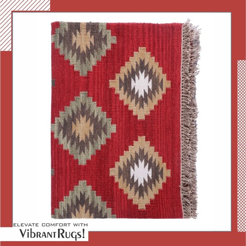 Area Carpet Handmade Cotton Red Wool Rugs Patio Floor Bedroom Rug 200x140 cm - Picture 4 of 10