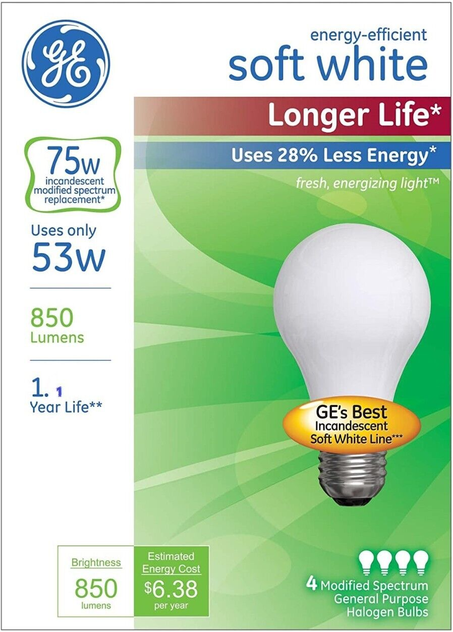GE SOFT WHITE Incandescent 75 WATT A19 Light Bulbs USES ONLY 53w 4 BULBS NEW 7445007593590