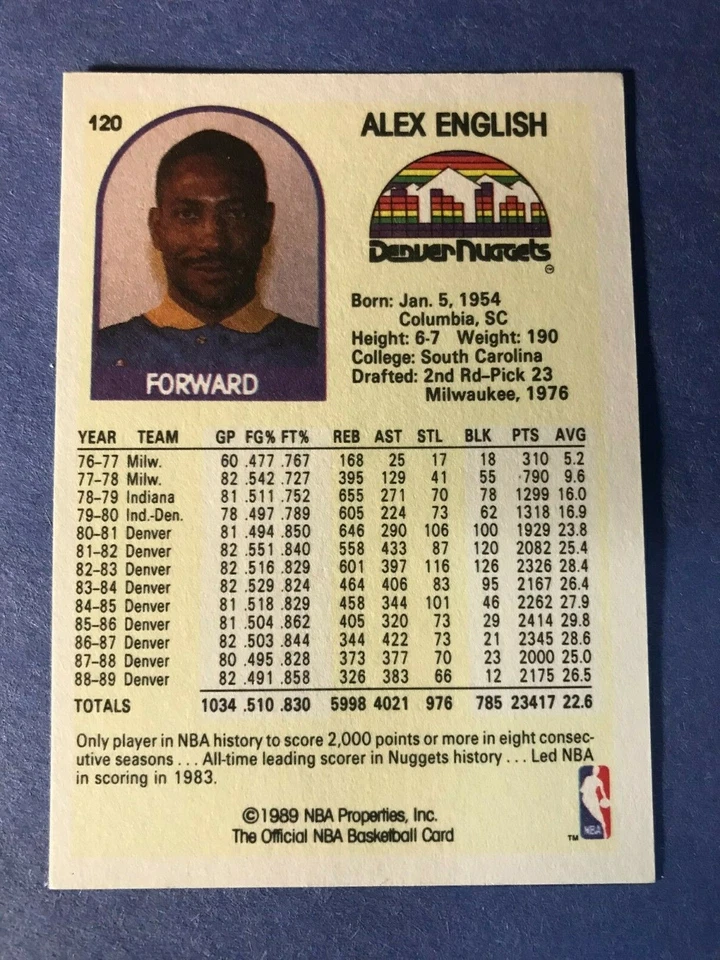 SIGNED ALEX ENGLISH 1989 NBA HOOPS AUTOGRAPHED BASKETBALL - HOF - NUGGETS - Image 3 of 3