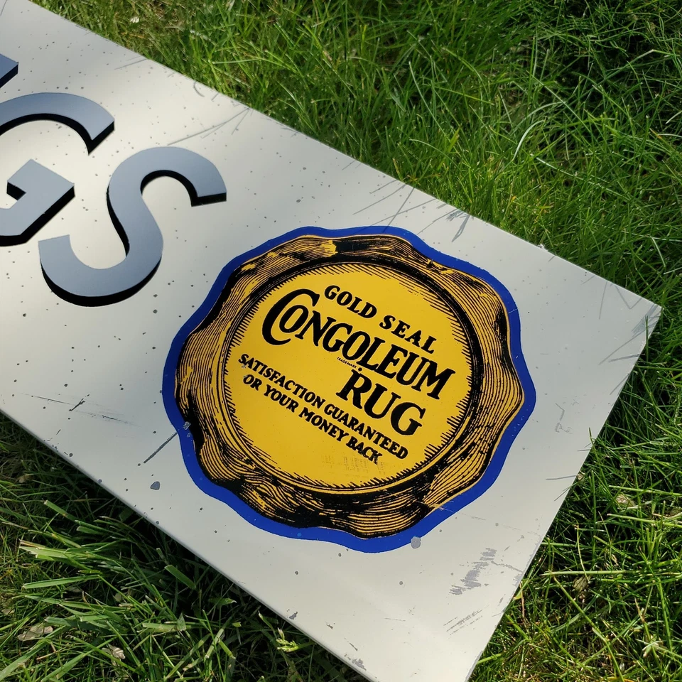 Letrero de alfombras de congoleo vintage originales de la década de 1950 metal sello dorado muebles Sears Gas Foto 4 de 4