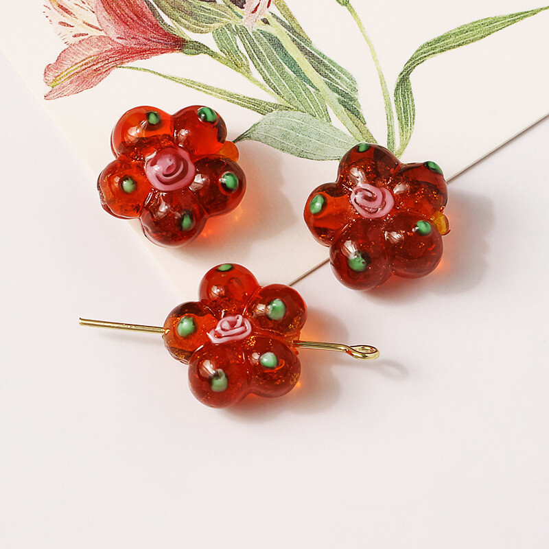 20 Perline Di Vetro Lampwork A Forma Di Cuore/Fiore - Sabbia Oro - 15 Mm - Per Gioielli Fai Da Te