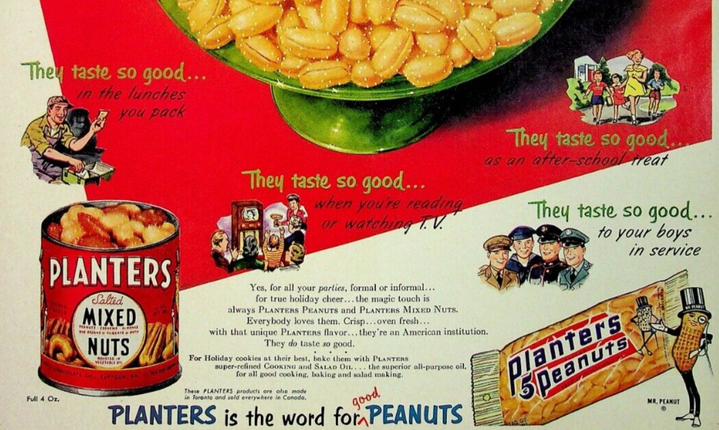 PLANTER'S Festive Celeb COCKTAIL PEANUTS with Mr. Peanut 1952 Vintage Print Ad eBay
