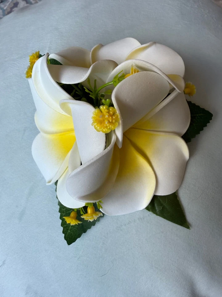 Tropical Hair Clip Foam White Yellow Plumeria Flower Cluster Honolulu Hawaii - Image 3 of 4