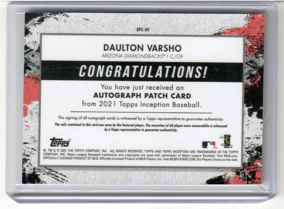Daulton Varsho 2021 Topps Inception Auto Patch Card Magenta 72/75 APC-DV Dbacks - Image 2 of 2