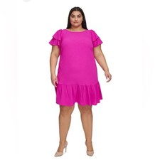 DKNY NWT Size 18W Hot Pink Ruffle Sleeve Flounce Hem Shift Dress
