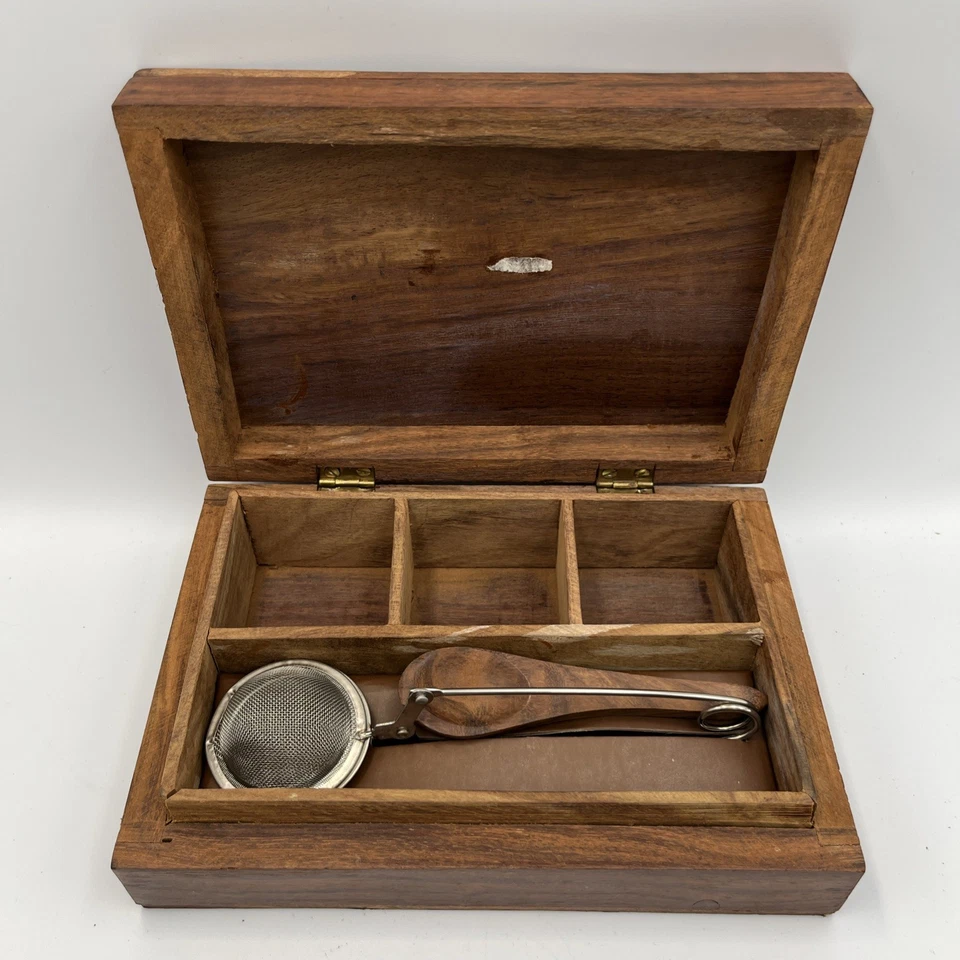 Vtg Wood Carved Tea Caddy Big Ben Of London Utensils Spoon Strainer Hinged Box - Image 2 of 4