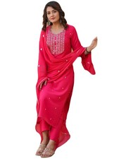 GoSriKi Women's Rayon Blend Embroidered Straight Kurta with Pant Dupatta