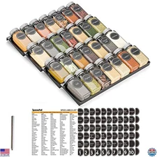 Spice Drawer Organizer with 28 Jars, 386 Labels, 4-Tier Rack for Kitchen