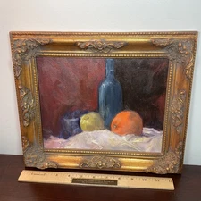 Vtg ROWE Oil Painting Contemporary Still Life Fruit Wine Art Nouveau Gold Frame