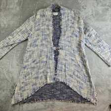 Linda Lundstrom Cardigan Womens 12 Tan Blue Linen Blend Fringed Hem Asymmetrical