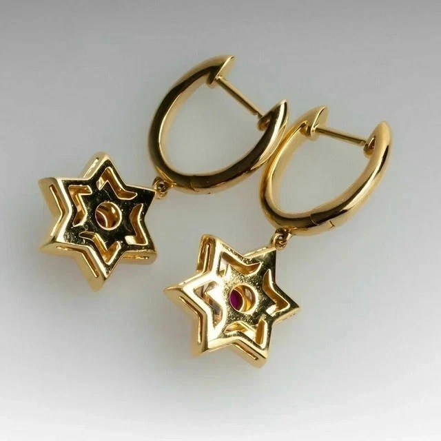 Pendientes colgantes estrella simulados rubí redondo plata 925 chapados en oro amarillo de 14K Foto 3 de 4