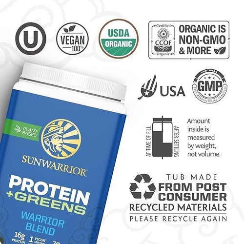 Sunwarrior Warrior Blend Organic Vegan Protein Powder BCAA Unflavored 1.65 lbs - Picture 3 of 7