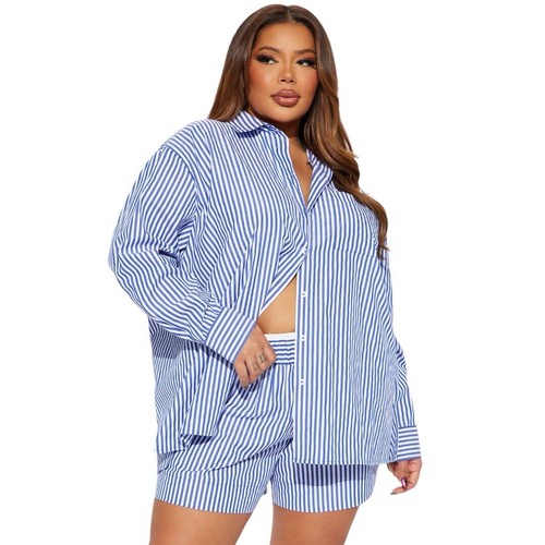 Camicia Fashion Nova taglia 1X bottoni davanti nautica bianca blu righe colletto top - Foto 2 di 14