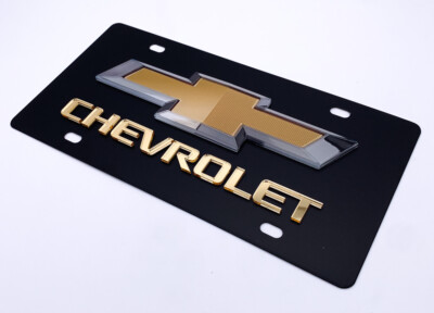 3D Black Stainless Steel Chevy Bowtie License Plate With Gold Script Logo – Licensed, Made In USA