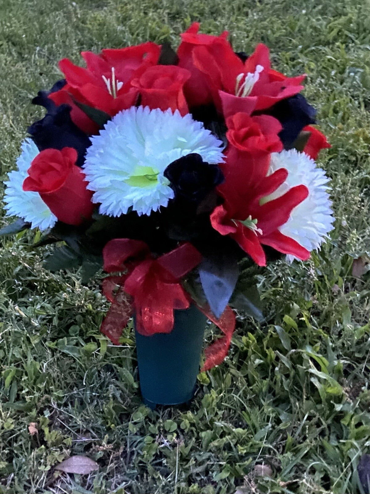 Cemetery Vase Memorial Silk Flower Arrangement Red, Black & Bright White