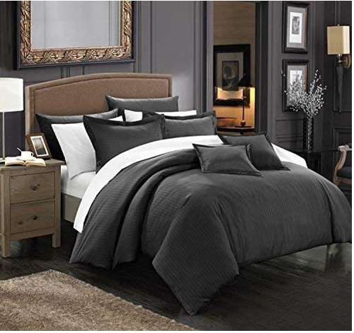 Chic Home 7 pc Khaya Down Alternative Jacquard Striped Comforter Set King Black | eBay