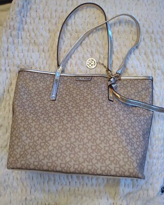 DKNY Purse Tote Beige Bag Charm Shoulder Textured Logo Gold Hardware