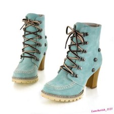 Rivet Women's Ankle Boots Lace Up Shoes High Top Chunky Heels Round Toe Fashion