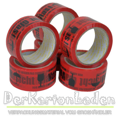 18 Rollen Midori Packband Klebeband Vorsicht Glas Rot Paketband 48 mm x 66 m
