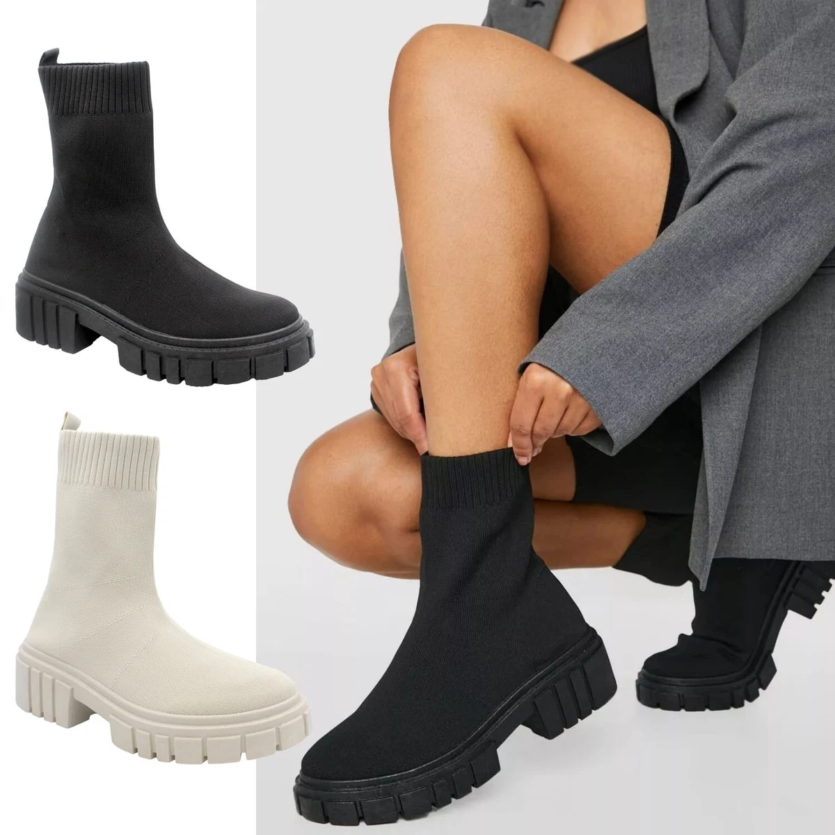 Ladies Ankle Sock Boots Womens Mid Calf Chunky Chelsea Knit Pull On Winter Shoes
