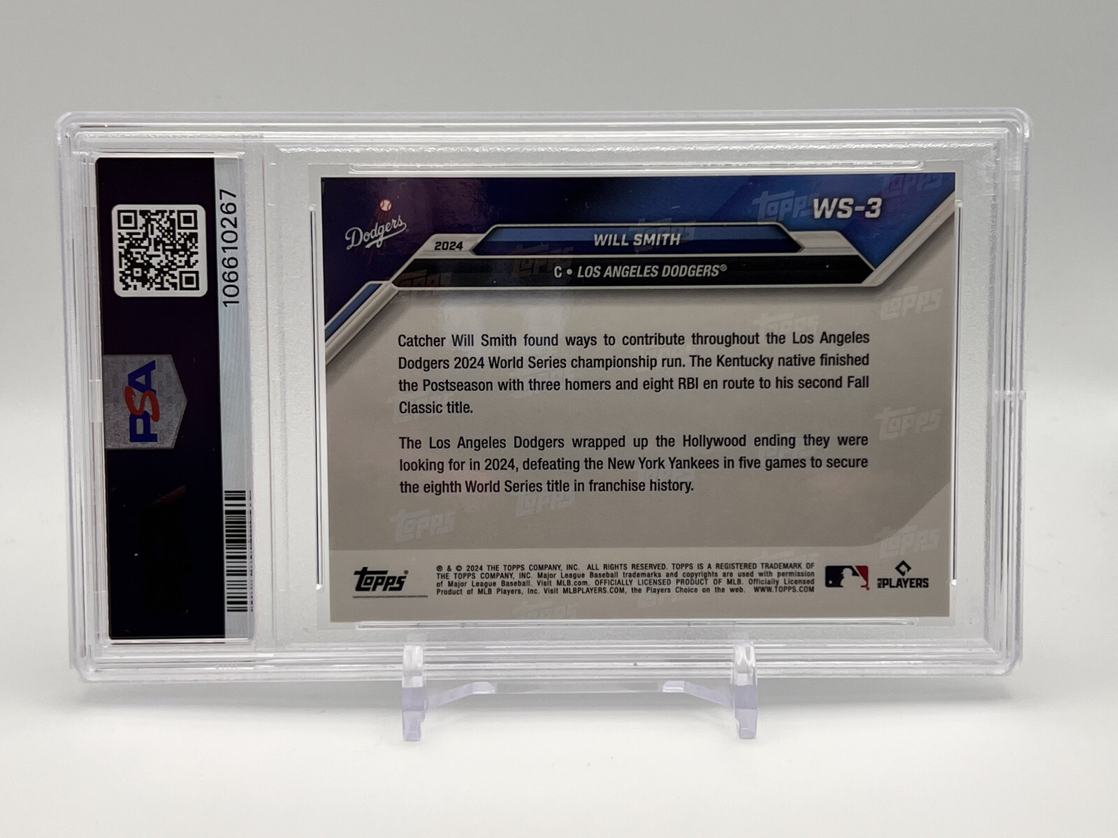 Will Smith WORLD SERIES 2024 Topps Now #WS-3 Los Angeles Dodgers PSA 8 Near-Mint