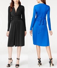 NWT $120 MICHAEL KORS Long-Sleeve Faux-Wrap Dress Black or Royal Blue 2 4 6 8 10