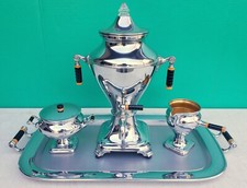 Art Deco Chrome Bakelite Coffee Urn Sugar Creamer Tray Set 1930s MANNING BOWMAN