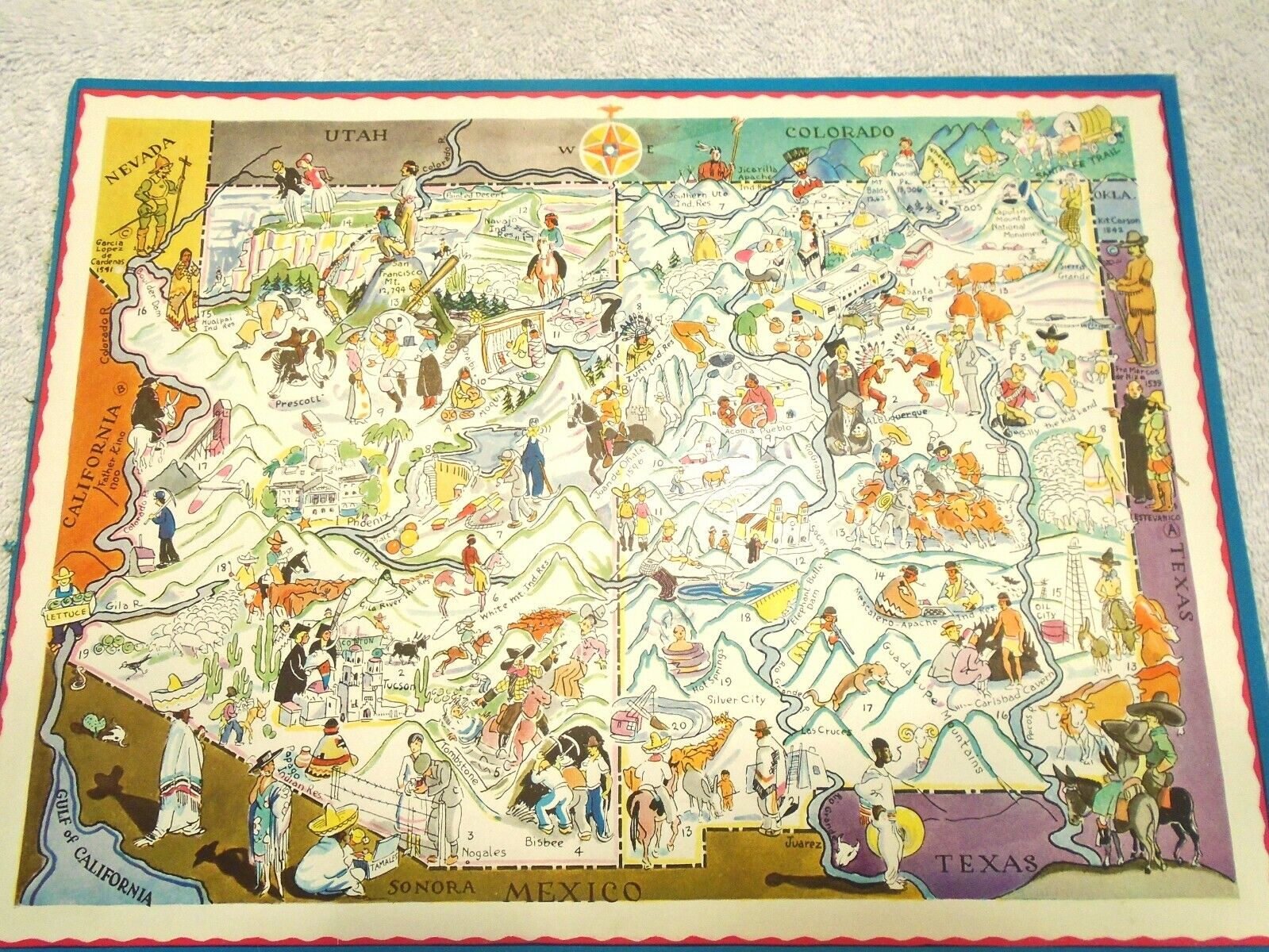 Original Berta & Elmer Hader 1932 Pictorial Character Map of Arizona New Mexico
