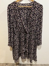 No label women's faux wrap dress long sleeve v neck black floral print poly blnd