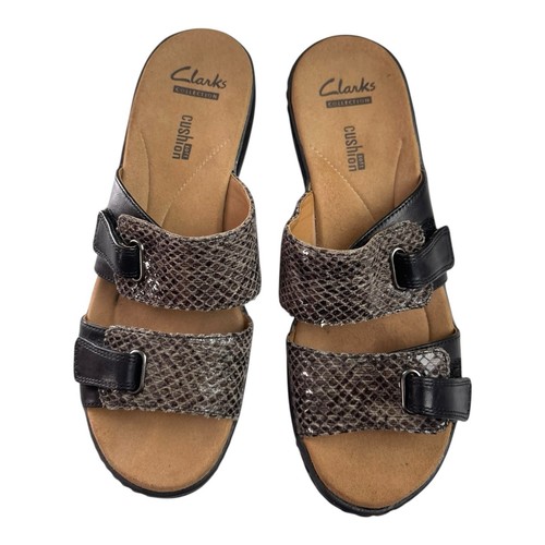 Sandalias de tacón de cuña Clarks Delana Fenela negras grises piel de serpiente para mujer talla 7 - Imagen 5 de 7