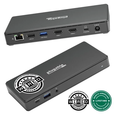 Plugable USB-C Docking Station Dual Monitor 4K 60Hz (2×HDMI), 65W Charging, - Image 1 of 4