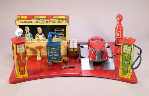 1930s Vintage Marx Roadside Rest Service Station Toy with Car & Accessories