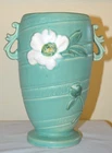 Weller Pottery 1930's Double Handled Wild Rose Dogwood 8.75" Vase Sea Foam Green