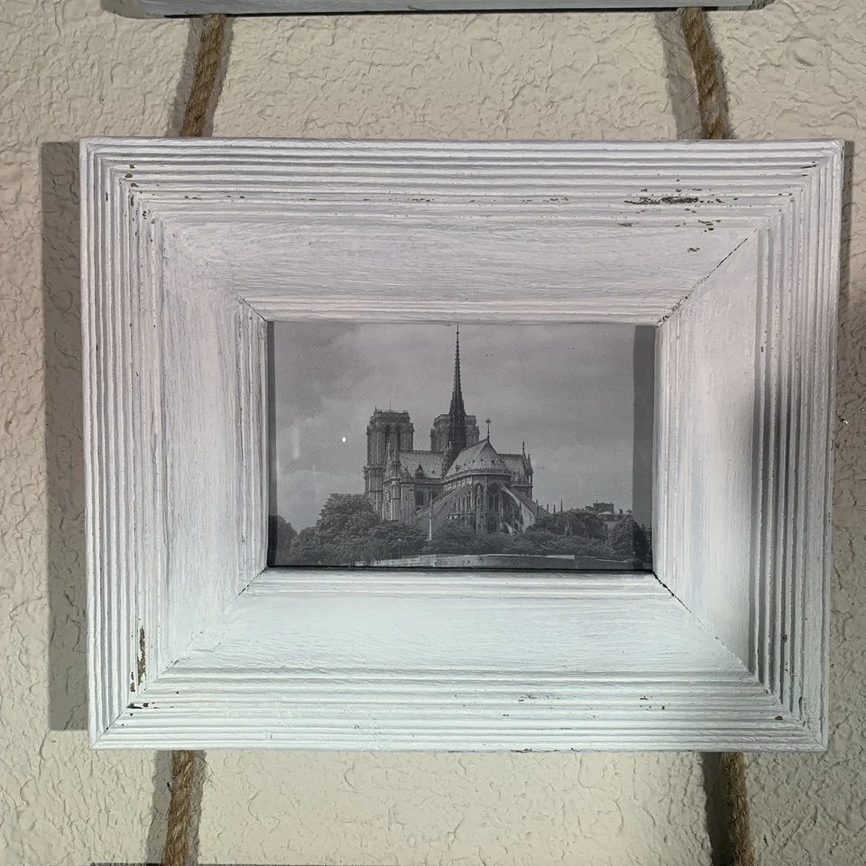 Set Of 4 White Distressed Wood Shabby Wall Rope Hanging Picture Photo Frames - Image 4 of 4