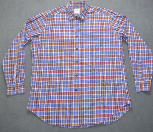 David Donahue Button Down Dress Shirt Size XL Red Blue White Plaid Cotton