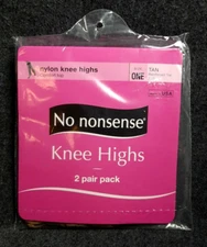No Nonsense 2-Pair Pack Nylon Knee High Reinforced Toe Tan Pantyhose ONE SIZE