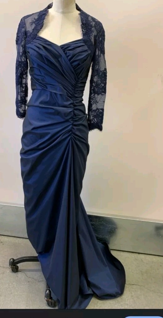 【TADASHI SHOJI】 イブニング長袖ドレス Tulle NAVY GOWN Tadashi Shoji Navy Blue tulle draped long sleeve lace Gown