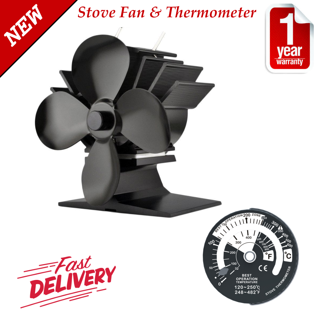 Small 4 Blade Stove Top Fan & Thermometer For Wood Burners, Multi Fuel