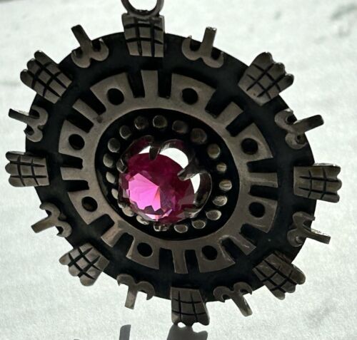 MEXICAN STERLING PENDANT W SYNTHETIC SAPPHIRE VINTAGE SIGNED - Picture 2 of 14
