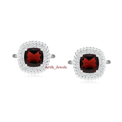 Natural Garnet Gemstone With 14K White Gold Plated Silver Cufflink #1204