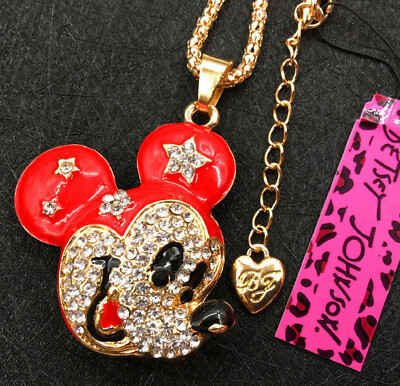 Betsey Johnson Red Mickey Mouse Gold Brooch Pin Pendant Necklace Free Gift  Bag