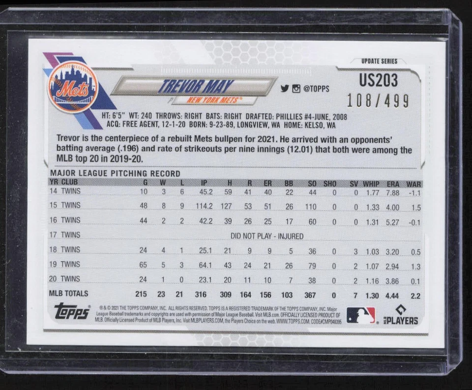 2021 Topps Update TREVOR MAY New York Mets #US203 Green Ice 108/499 - Image 2 of 3