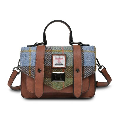 #ad #ad Large Satchel Bag Harris Tweed Chestnut Blue Tartan Zipped Pocket Shoulder Strap $119.37