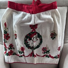 Vintage Mid Century Christmas Santa Waist Apron Terrycloth Red Ribbon