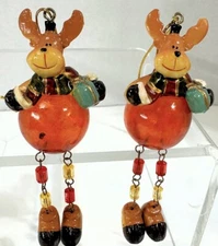 2 Dangle Leg Reindeer Resin Christmas Ornaments 4" Long New