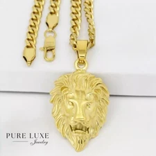 Men's 24" Stainless Steel,Lion Head Pendant,Cuban Curb Chain Gold plated,BOX